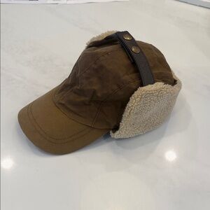 JCrew Brown Waxed Canvas Winter Trappers Cap with Fleece Ear Flaps Vintage